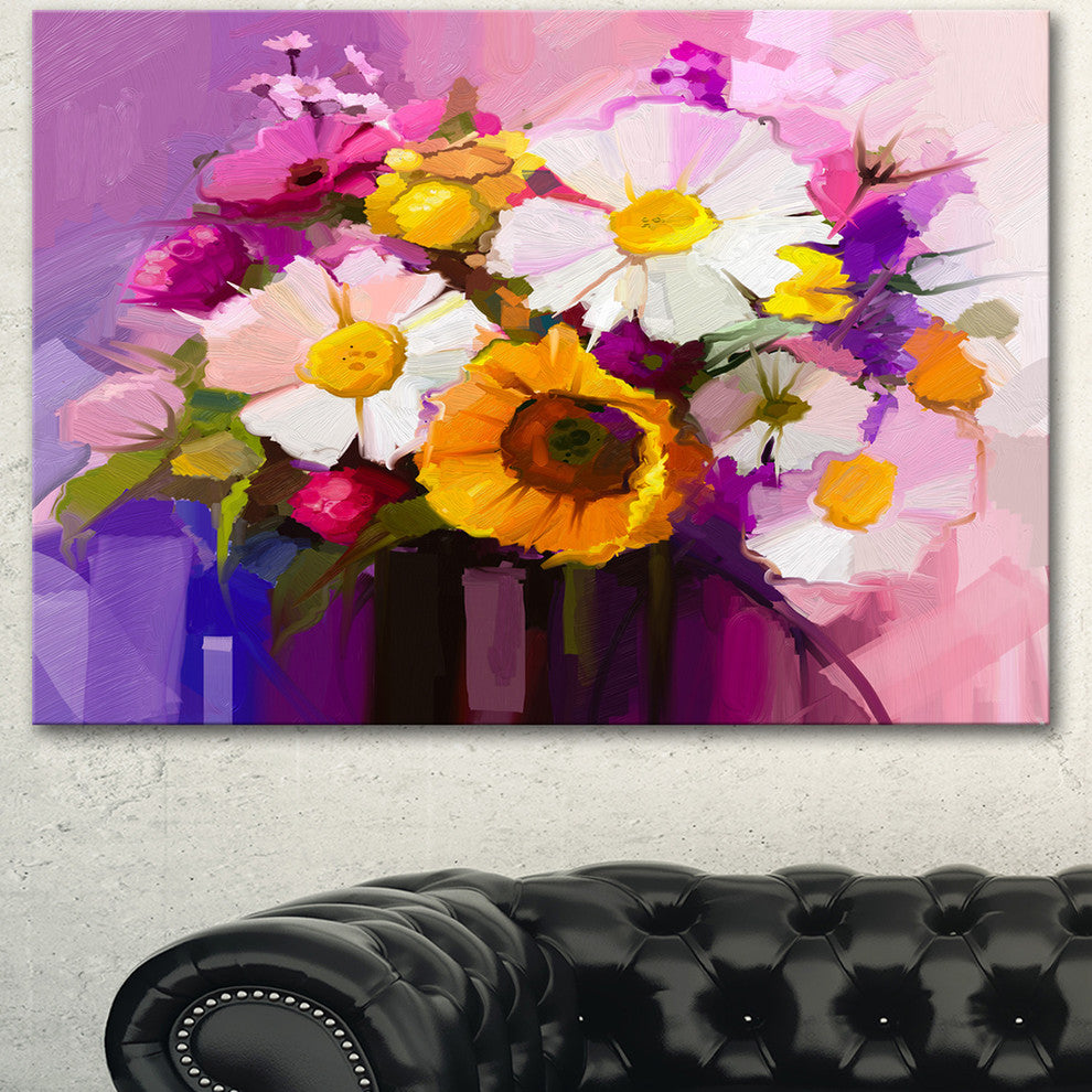 Bunch of White Red Yellow Flowers, Large Floral Canvas Art Print, 60"x28"