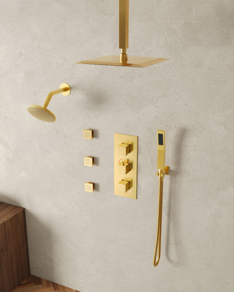 Thermostatic Dual Heads 12" Rainfall Shower System With 3 Body Jets, Brushed Gold