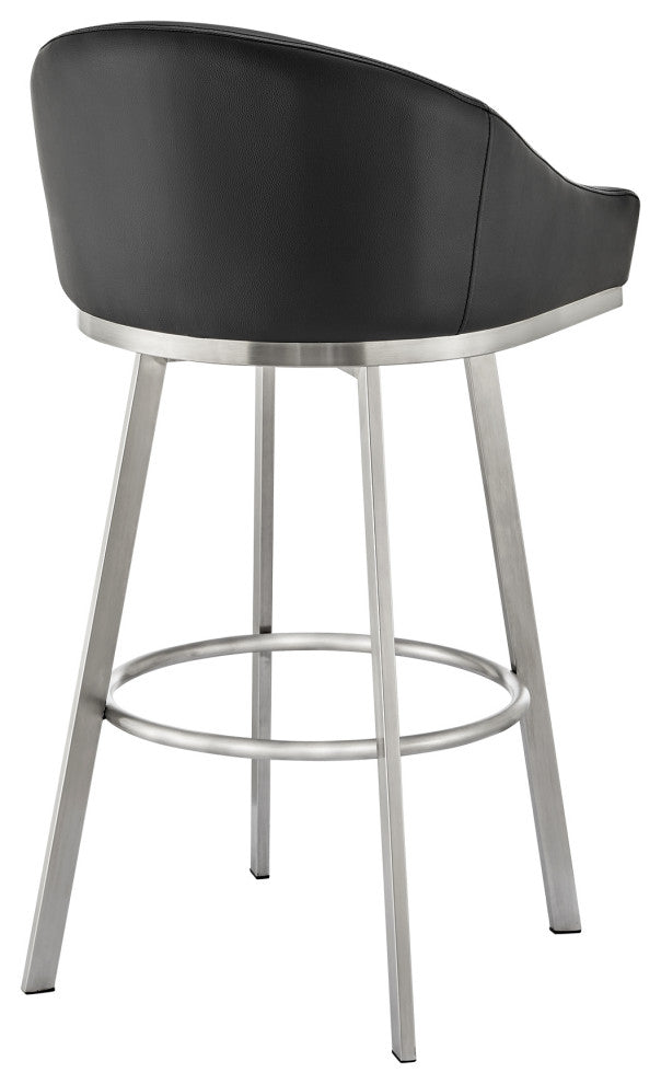 Noran Swivel Bar Stool, Brushed Stainless Steel With Black Faux Leather