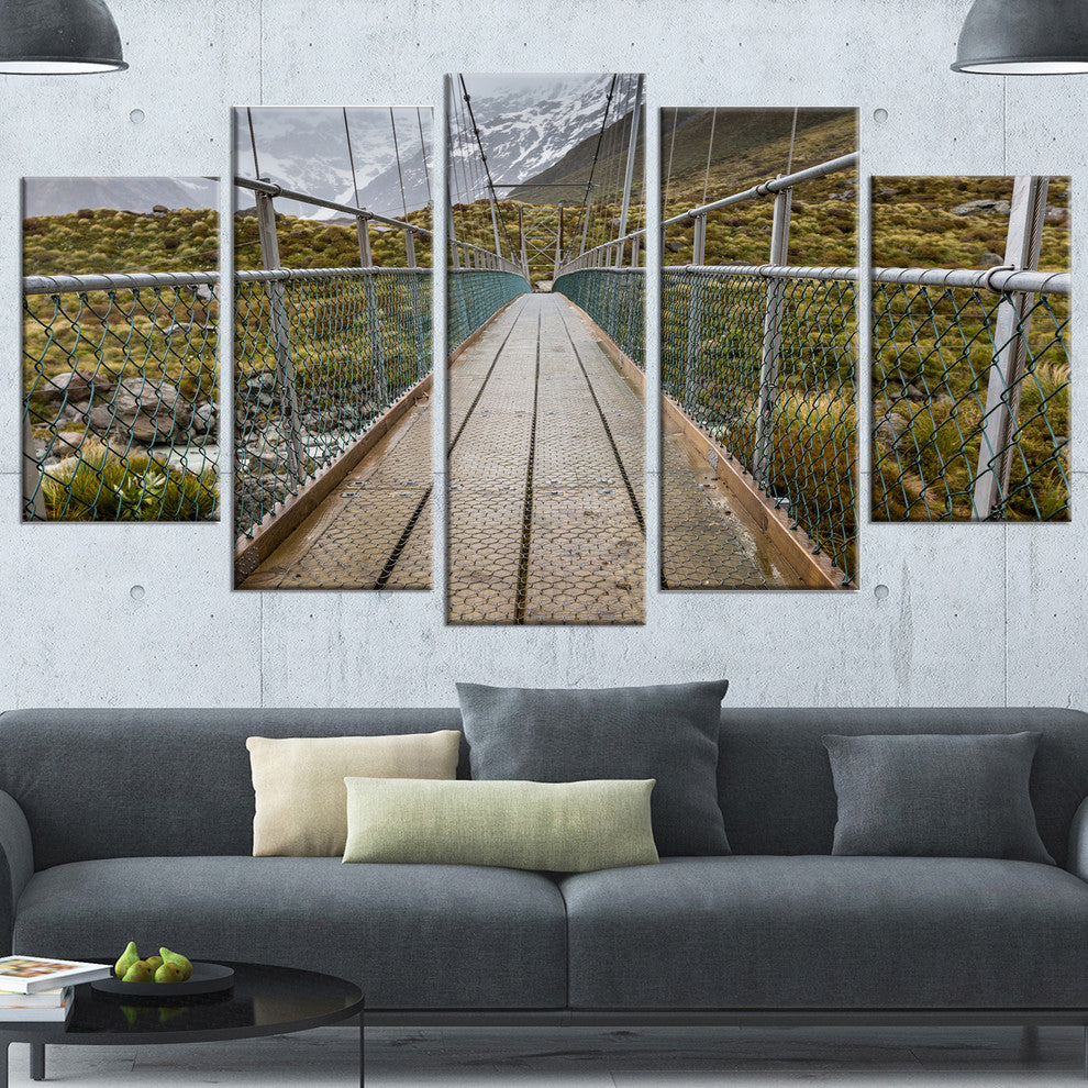 Bridge Over Hooker River in Aoraki, Bridge Canvas Art Print, 60"x32", 5 Panels