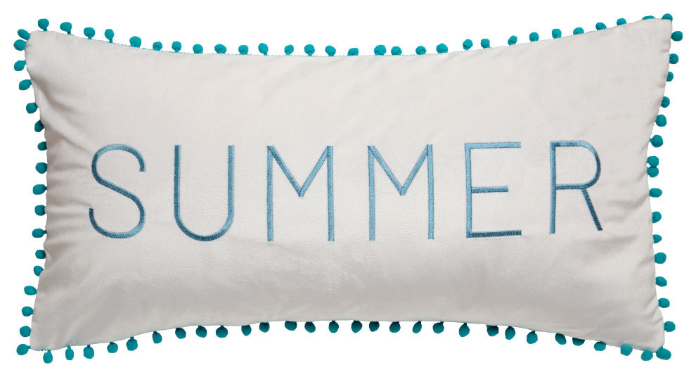 Summer White and Blue Pom Throw Pillow, Insert Included, 14"x26"