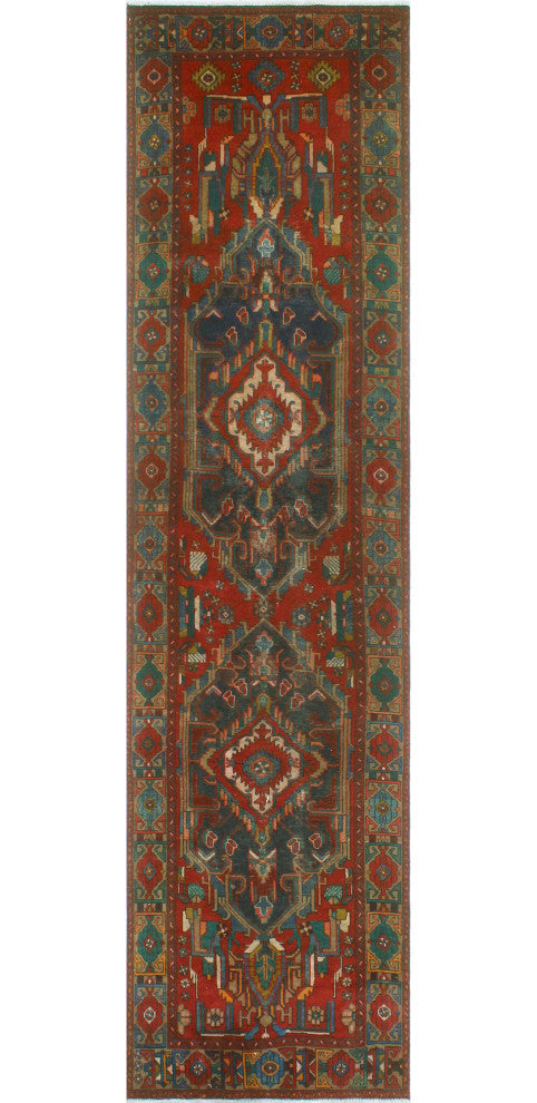 Fine Vintage Distressed Cyrus Red/Navy Runner, 3'9x14'9