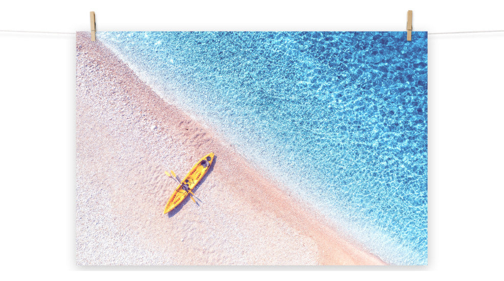 Yellow Canoe and Blue Sea by with Violet Glow Landscape Photo Loose Art Print, 12" X 18"
