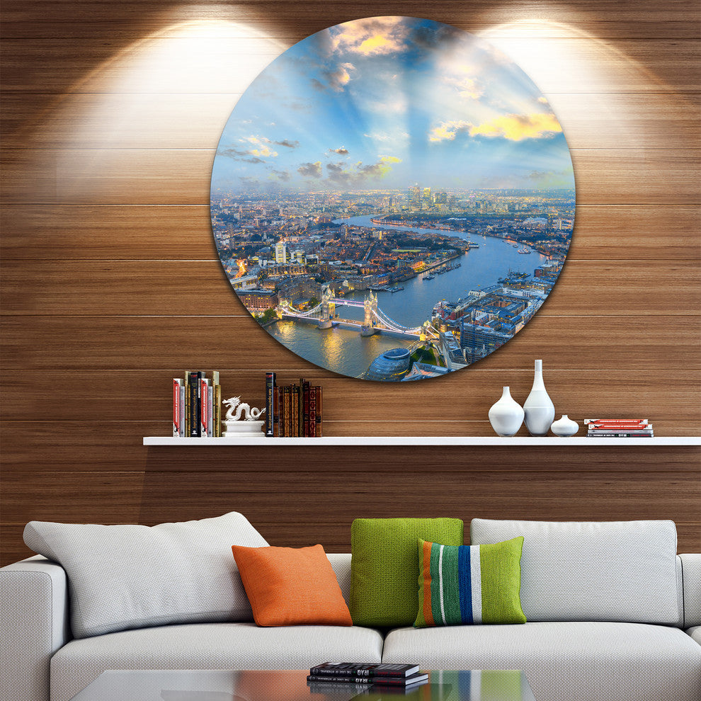 Tower Bridge Area And City Light, Cityscape Disc Metal Wall Art, 11"
