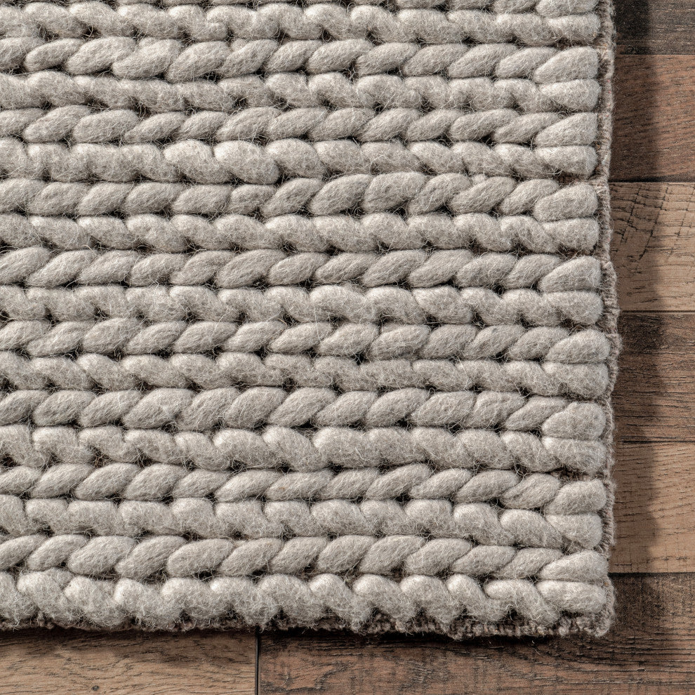 Nuloom Braided Wool Hand Woven Chunky Cable Rug, Light Grey 5'x8'
