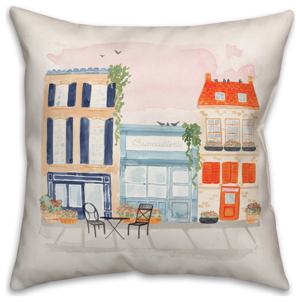 Watercolor French Shops 18x18 Spun Poly Pillow