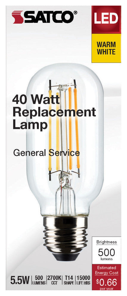 5.5W T14 LED, Clear, Medium Base, 2700K, 500 Lumens, 120V