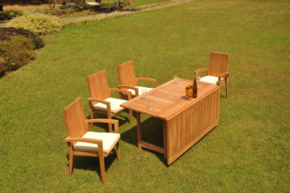 5-Piece Outdoor Teak Set: 60" Square Butterfly Table, 4 Goa Stacking Arm Chairs