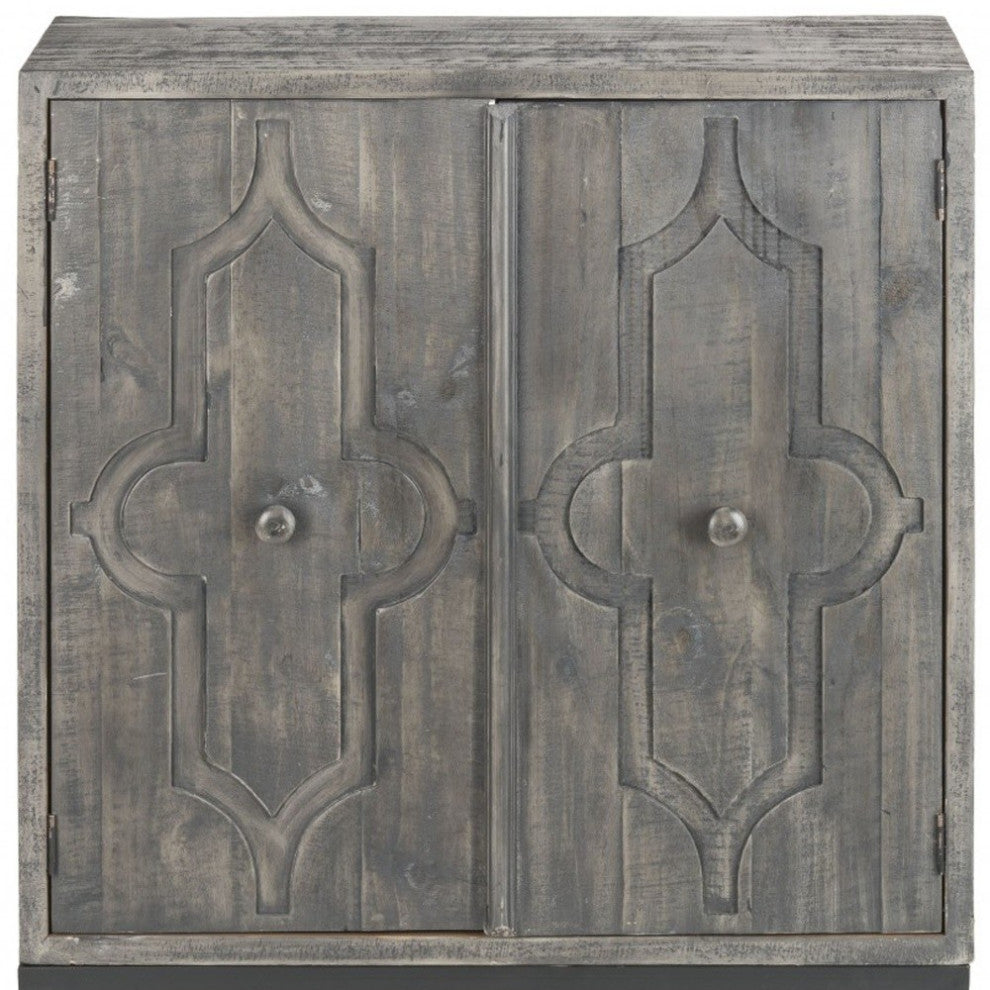 Rustic Gray Wash Scroll Wood Two Door Accent Cabinet