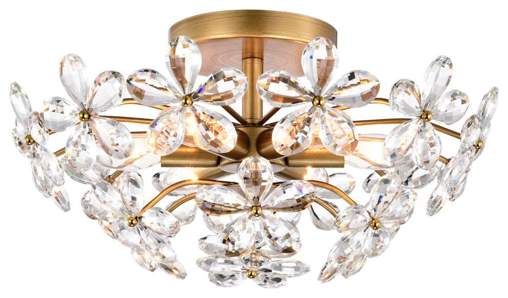 Grace 6-Light Crystal Glass Flower Flush Mount, Brushed Brass Finish
