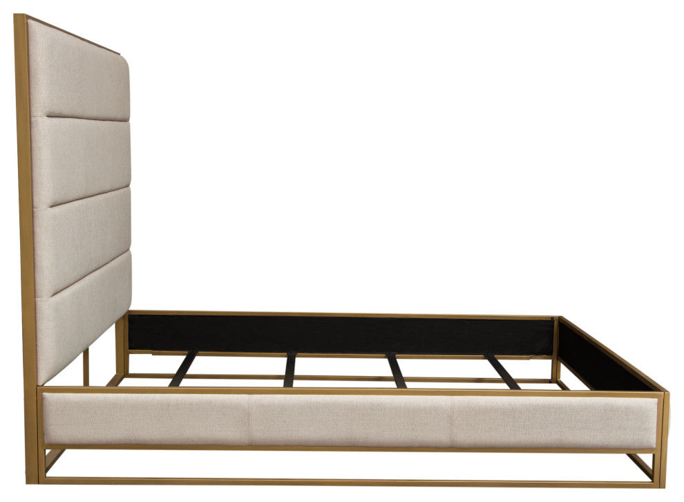 Empire Eastern King Bed, Sand Fabric With Hand brushed Gold Metal Frame