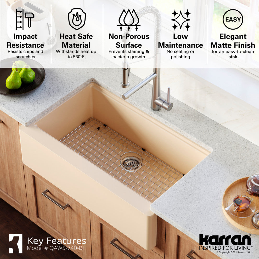 Karran 34" Quartz Farmhouse Single Bowl Workstation Kitchen Sink, Bisque