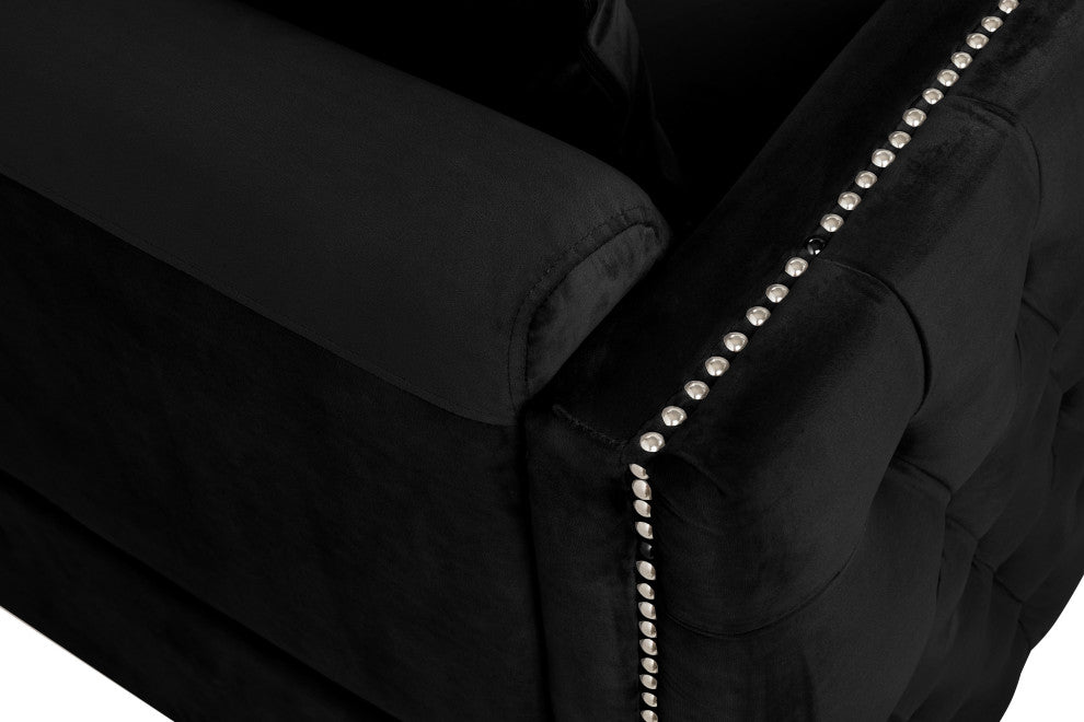 Bayberry Velvet Tufted Sofa Couch with 3 Pillows and Tufting, Black