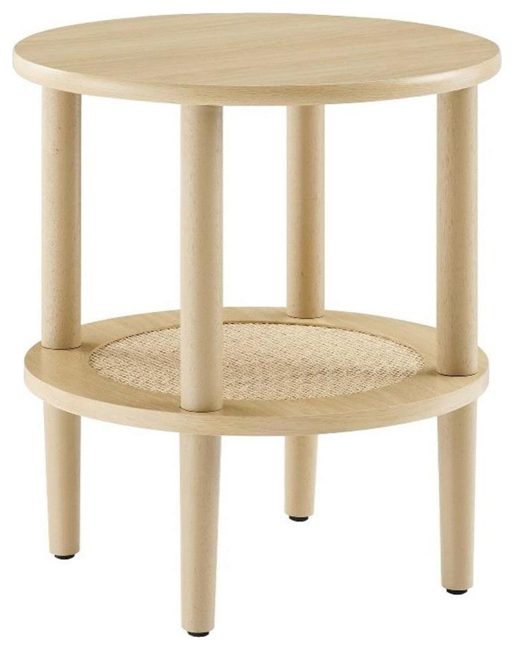Modway Torus Round Wood Side Table with Lower Rattan Shelf in Oak