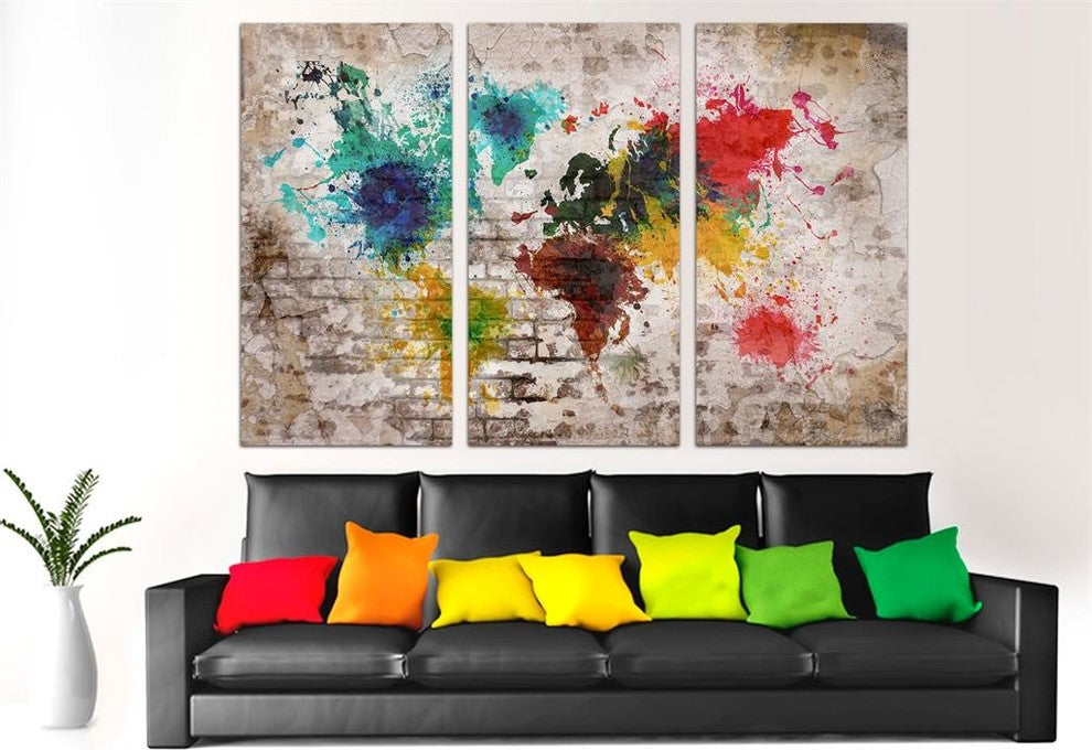 Beige Brick Wall Art World Map Canvas Print 3 Panel Split Triptych