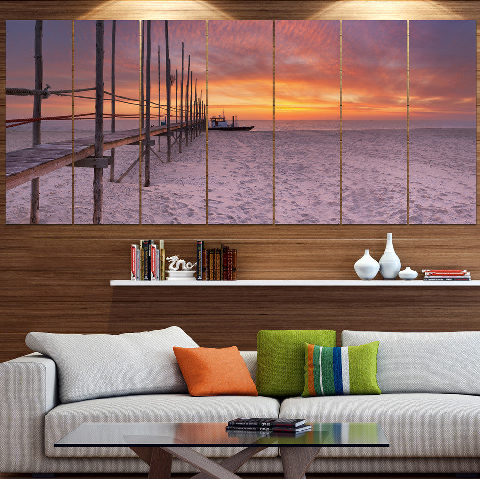Texel Island Seaside Jetty Panorama, Seashore Canvas Wall Art, 83"x32", 7 Panels