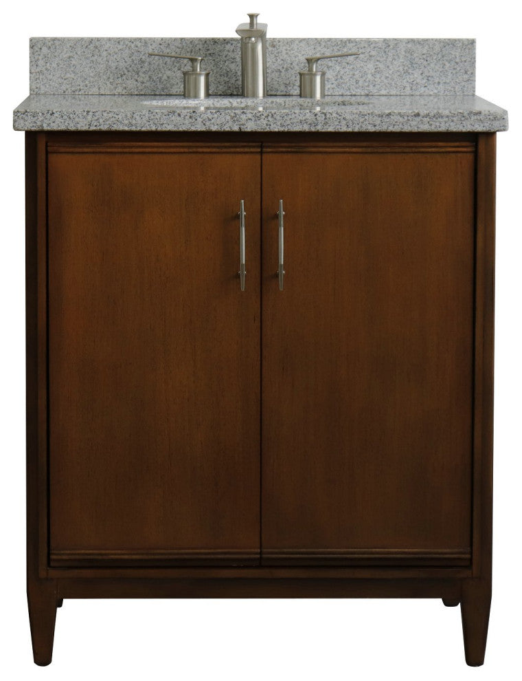 31" Single Sink Vanity, Walnut Finish, Gray Granite With Oval Sink
