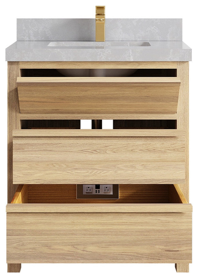 Elizabeth Oak 30" Single Sink Vanity, White 2" Pearl Gray