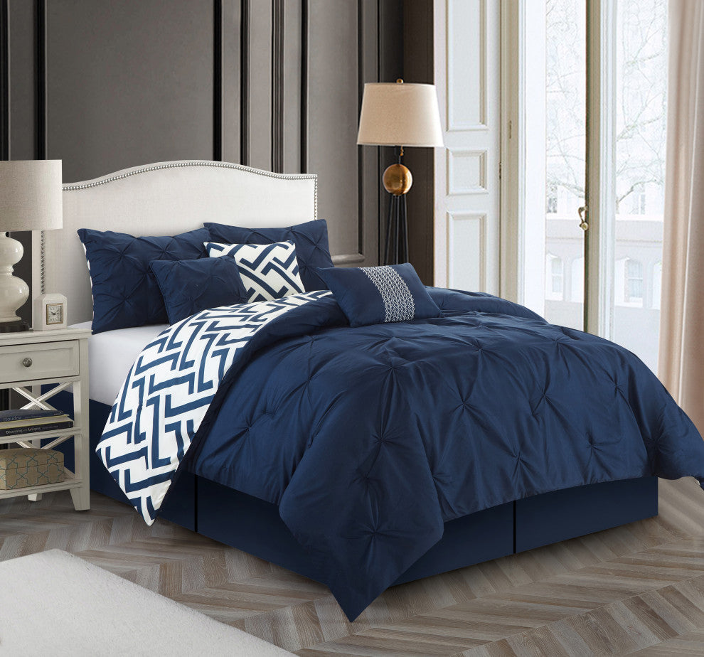 Loren 7-Piece Reversible Comforter Set, Navy, King