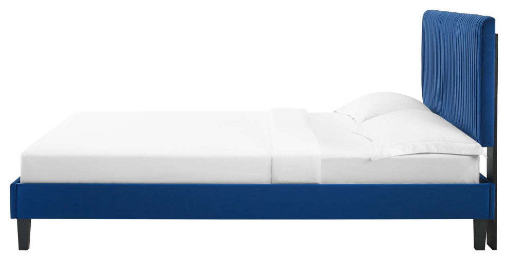 Platform Bed Frame, King Size, Velvet, Blue Navy, Modern Contemporary, Bedroom
