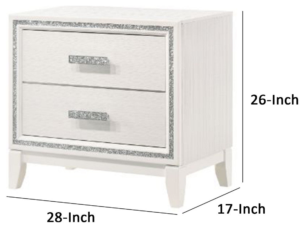Benzara BM269071 Nightstand With 2 Drawers and Shimmer Accent Trim, White