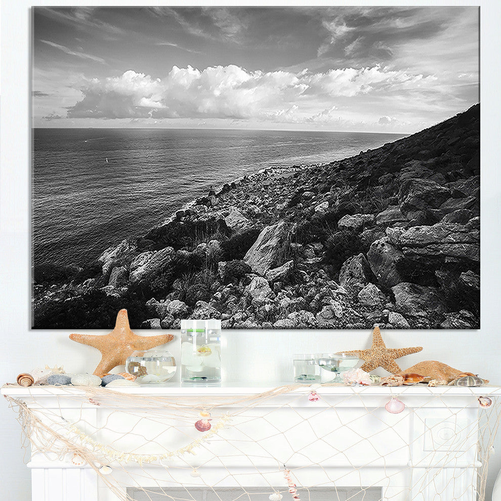 "Sunrise Over Sicily Black and White" Beach Canvas Wall Art, 32"x16"