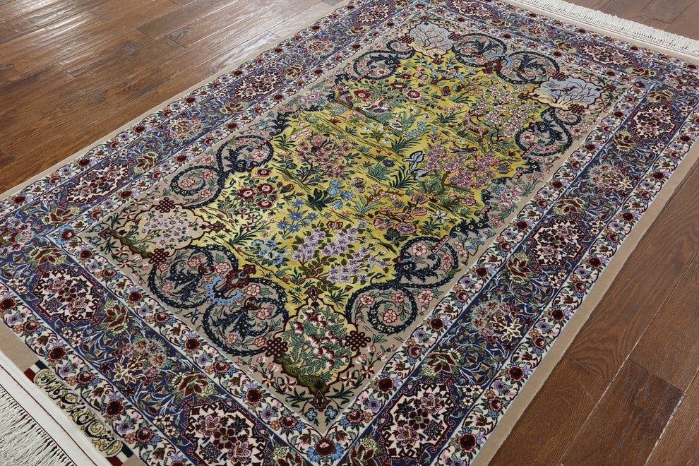Super Fine Authentic Signed Silk Persian Isfahan Hand Knotted Rug, 5'x7'