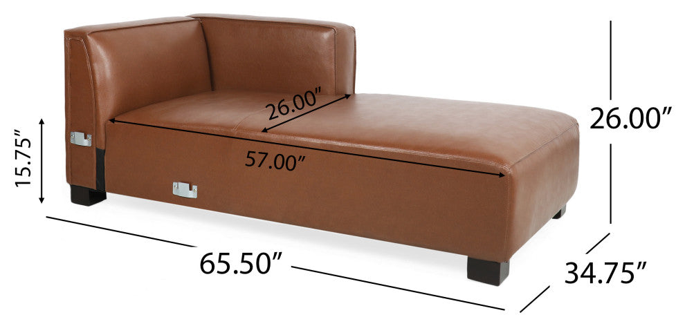 Minkler Contemporary Faux Leather 3 Seater Sofa With Chaise Lounge, Cognac/Dark Walnut