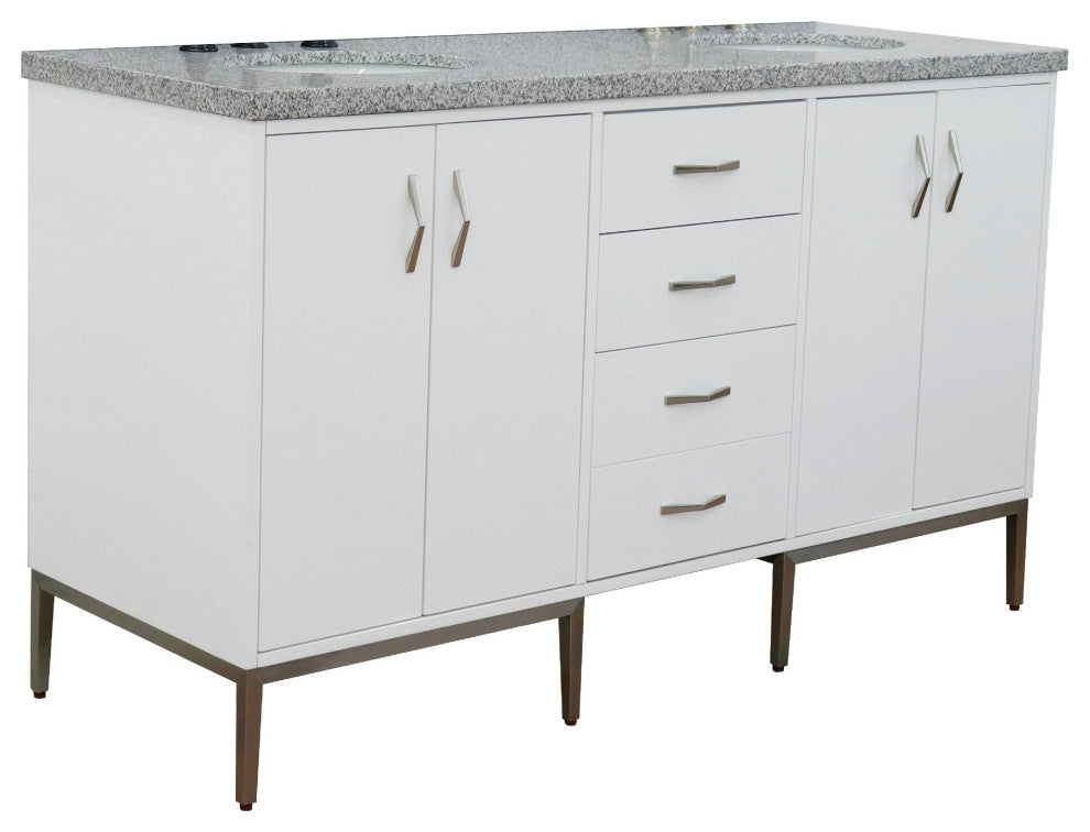 61" Double Sink Vanity, White Finish With Gray Granite And Oval Sink