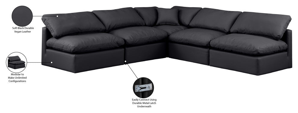 Indulge Upholstered Modular L-Shaped Sectional, Black, 5-Piece: 4 Armless Chair, 1 Corner Chair, Fiber Stuffed Vegan Leather