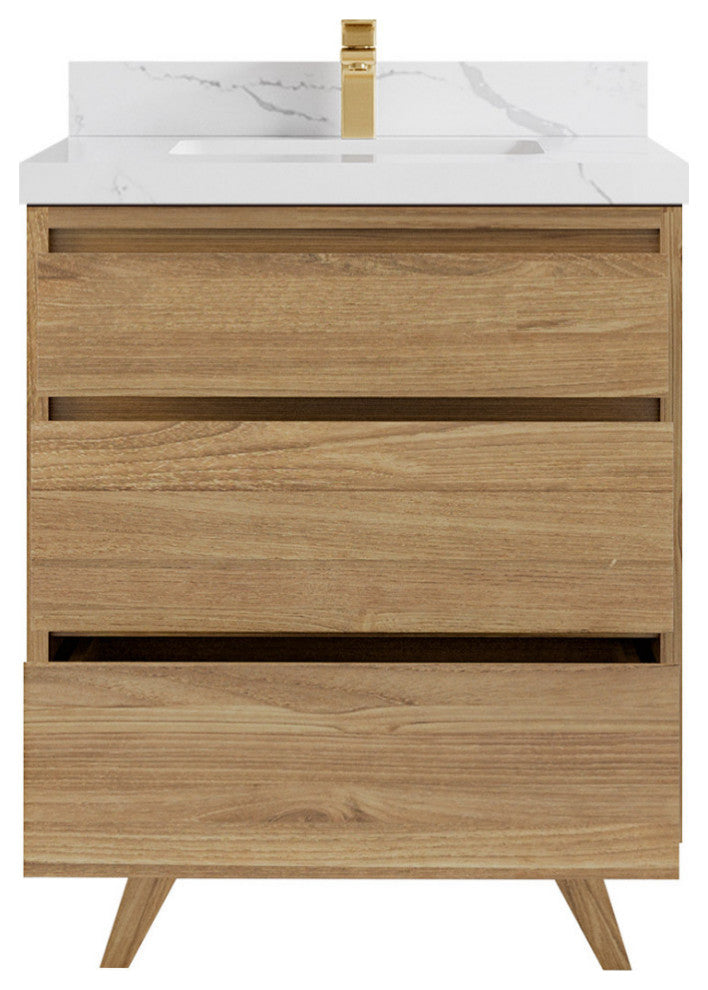 Madison  Teak 30 Single Sink Bath Vanity Golden Teak 2" Calacatta Laza