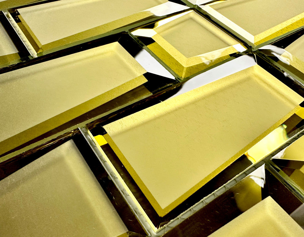 Reflections Frosted Gold 12"x 12" Beveled Brick Glass Mirror Mosaic Tile, Set of 11 Sheets