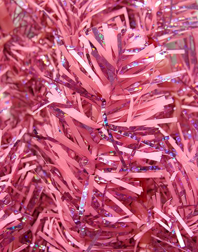 Pre-Lit Artificial Pencil Tinsel Christmas Tree, Pink Lights, Hot Pink, 10'