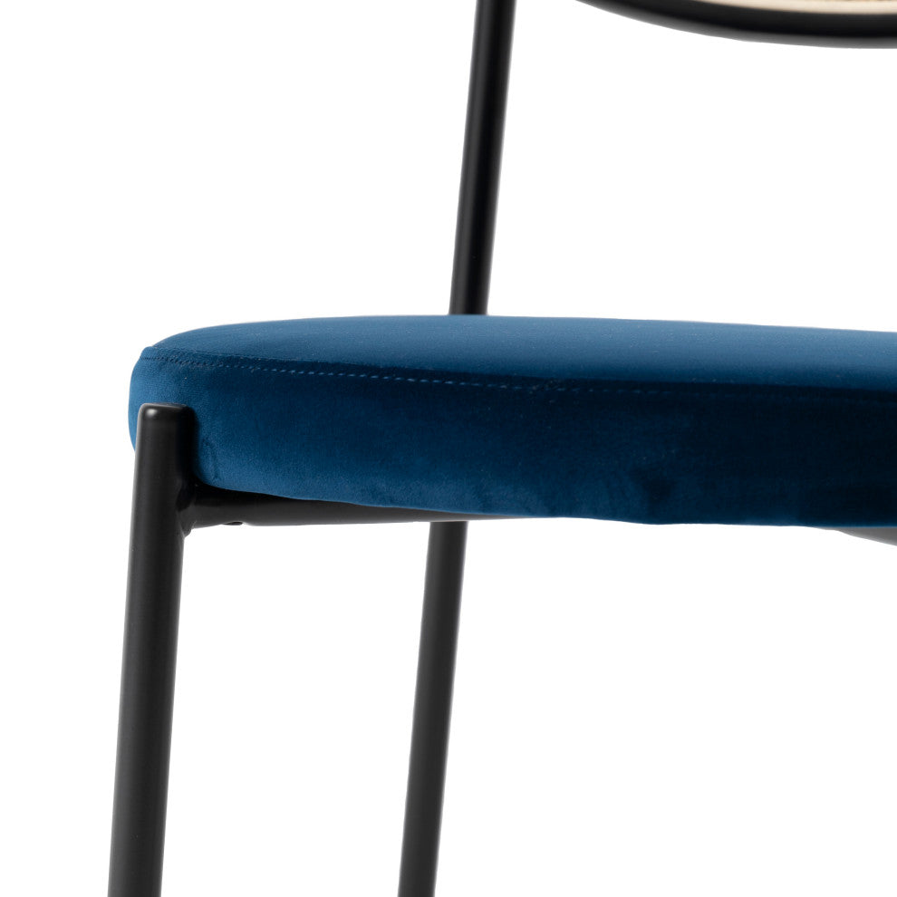 LeisureMod Euston Dining Chair with Wicker Back & Velvet Seat Set of 2, Navy Blue