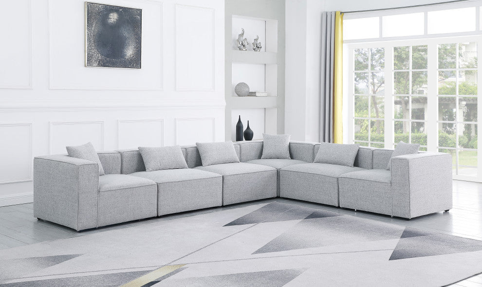 Cube Upholstered Modular Sectional, Gray, 6-Piece: 3 Armless Chair, 3 Corner Chair, Linen Texured Fabric