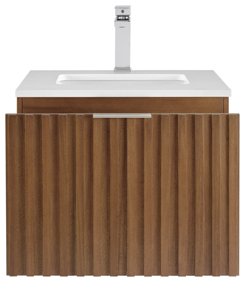 Terra Bathroom Vanity, Walnut/Brushed Nickel, 24", White Quartz Top