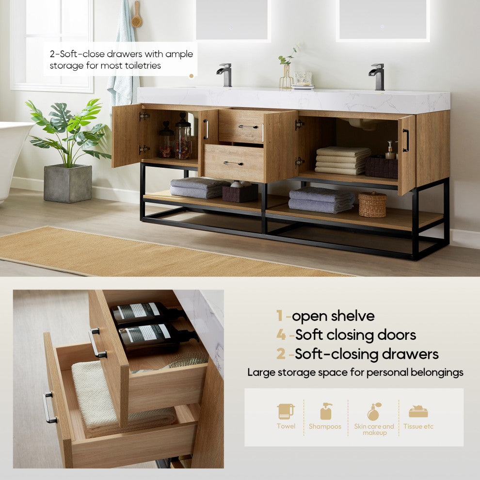 Alistair Vanity, North American Oak, Matte Black Hardware, 72", With Mirror