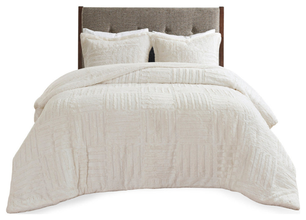 Madison Park Checkboard Brushed Long Fur Comforter Mini Set, Ivory, King/Califor