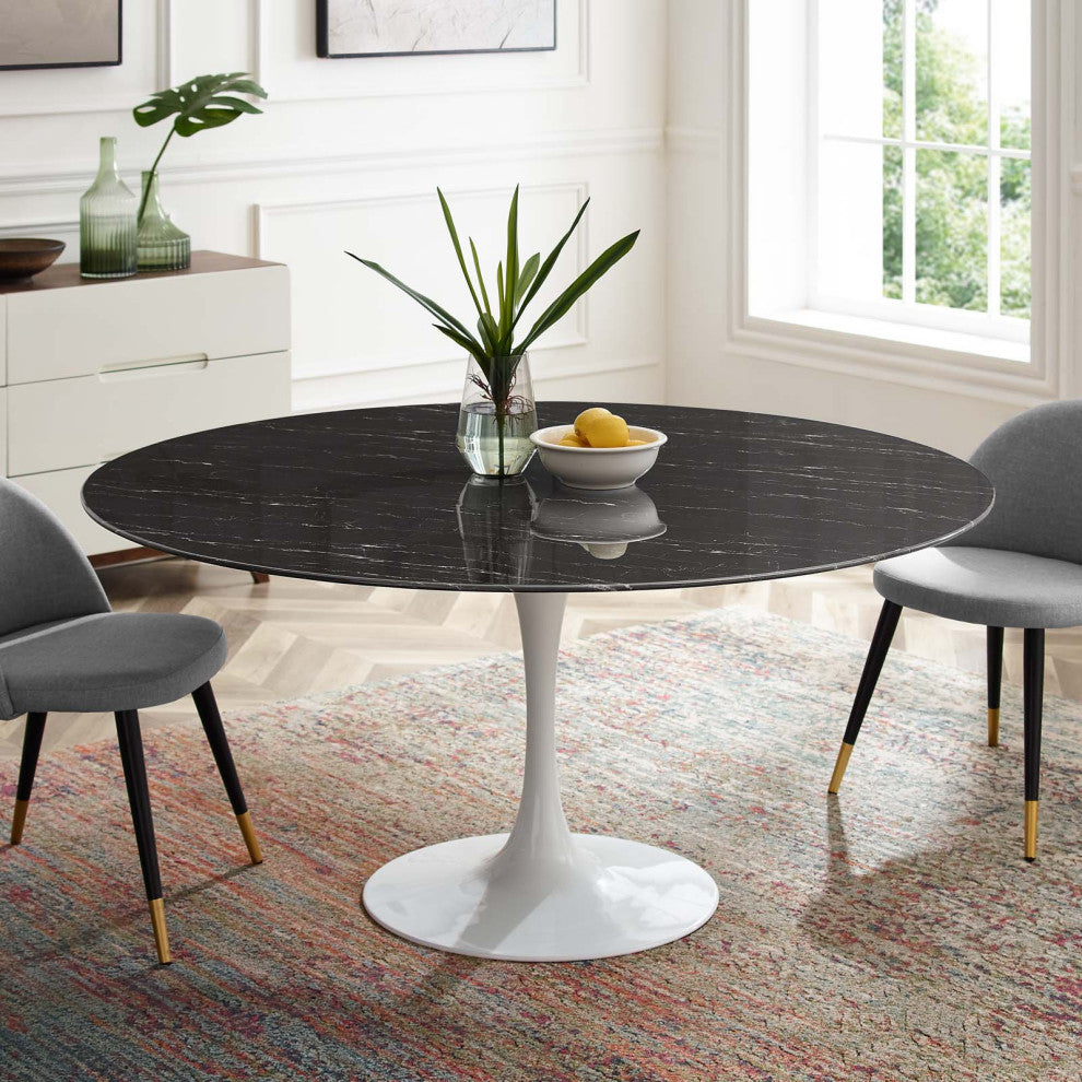 60" Dining Table, Round, Black White, Artificial Marble, Metal, Modern