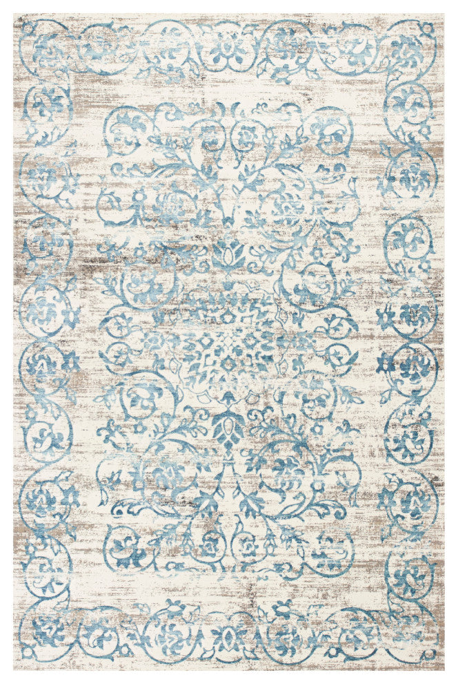 10'X13' Ivory Blue Machine Woven Distressed Floral Indoor Area Rug