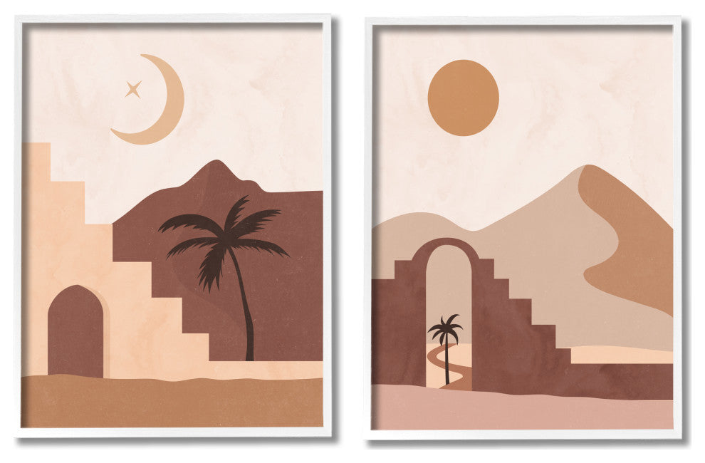 Desert Oasis Retreat Day Night Palm Dune Landscape, 2pc, each 16 x 20