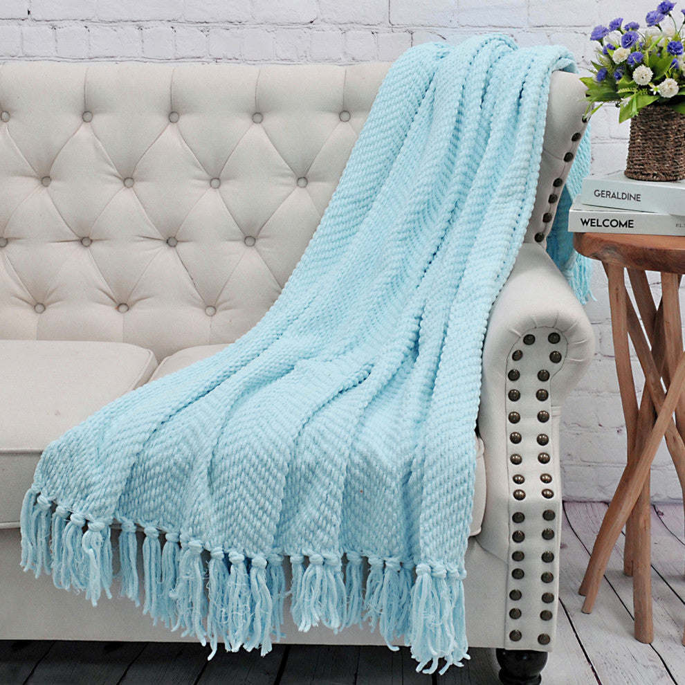 Tweed Knitted Throw Blanket, Aquamarine, 50"x60"