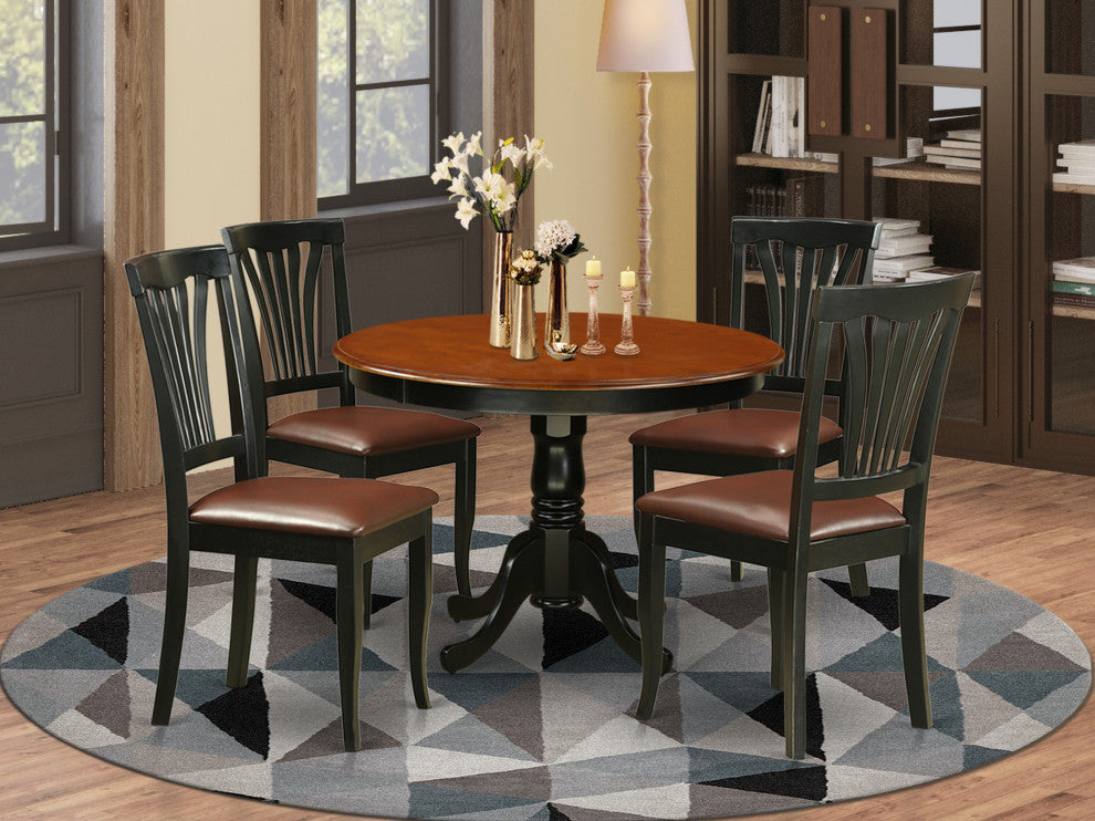 5 Pc Set With A Round Dinette Table And 4 Leather Kitchen Chairs, Black