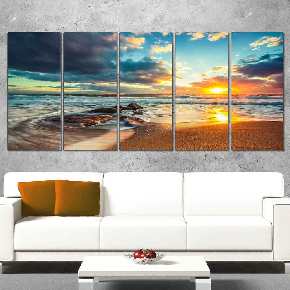 "Beautiful Cloudscape Over The Sea" Modern Beach Wall Art, 5 Panels, 60"x28"
