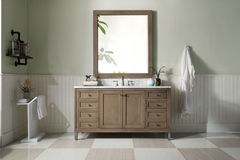 James Martin 305-V60S-WWW-3CAR 60" Single Vanity with Carrara Marble Top