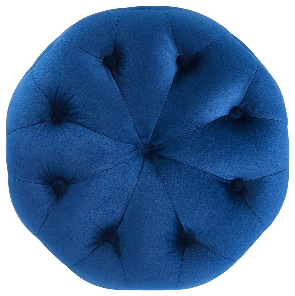 Tufted Accent Chair Ottoman, Round, Velvet, Blue Navy, Modern, Lounge