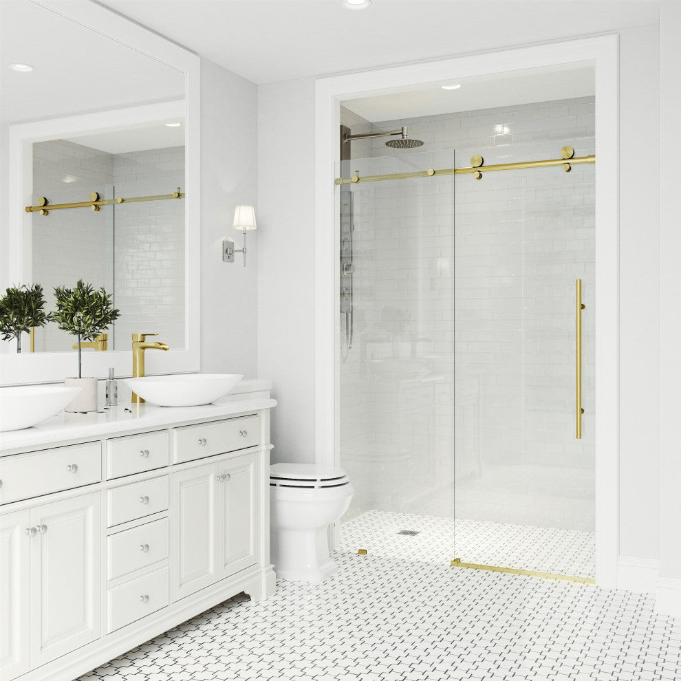 VIGO Elan E-Class 68" to 72" W x 76" H Frameless Sliding Shower Door, Matte Gold, Clear Glass