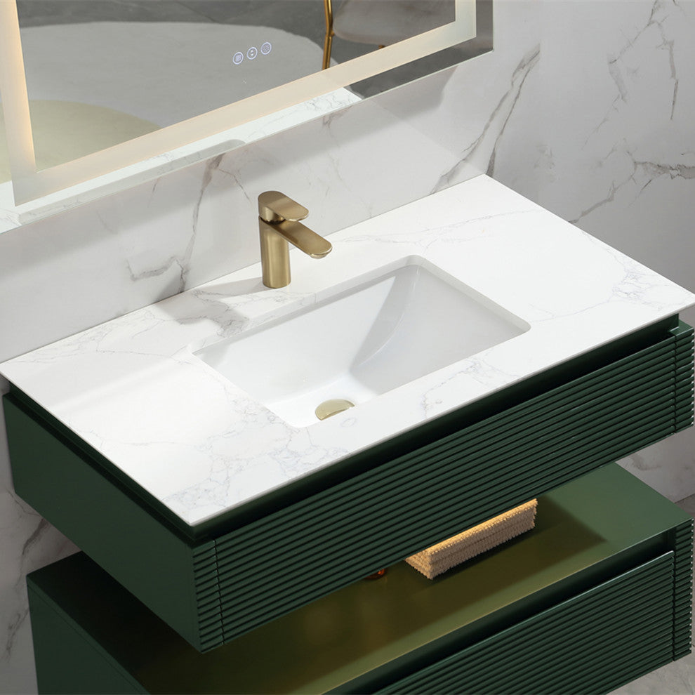 36" Solid Wood Wall-Mounted Bath Vanity Set, Green
