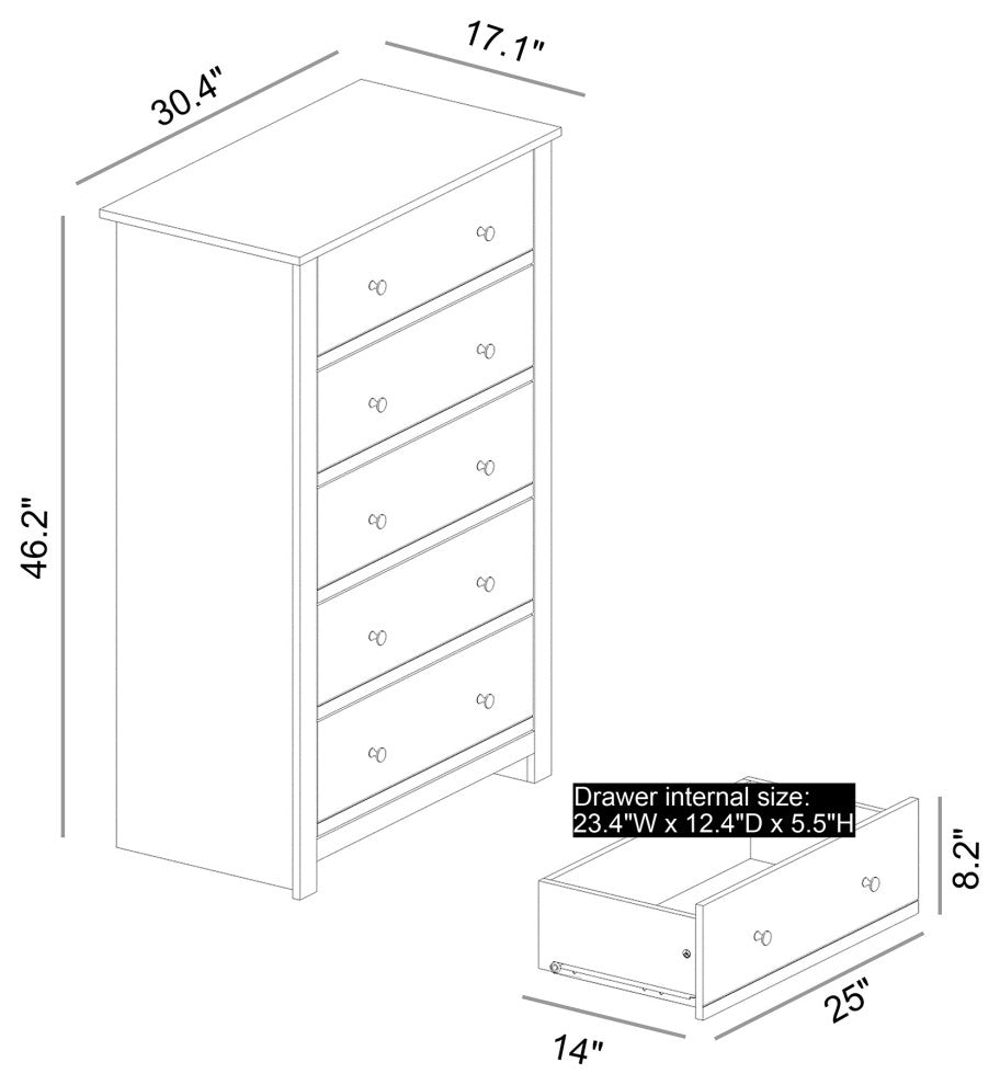 Genoa 5-Drawer Chest of Drawer 46.2"x17.1"x30.4", White