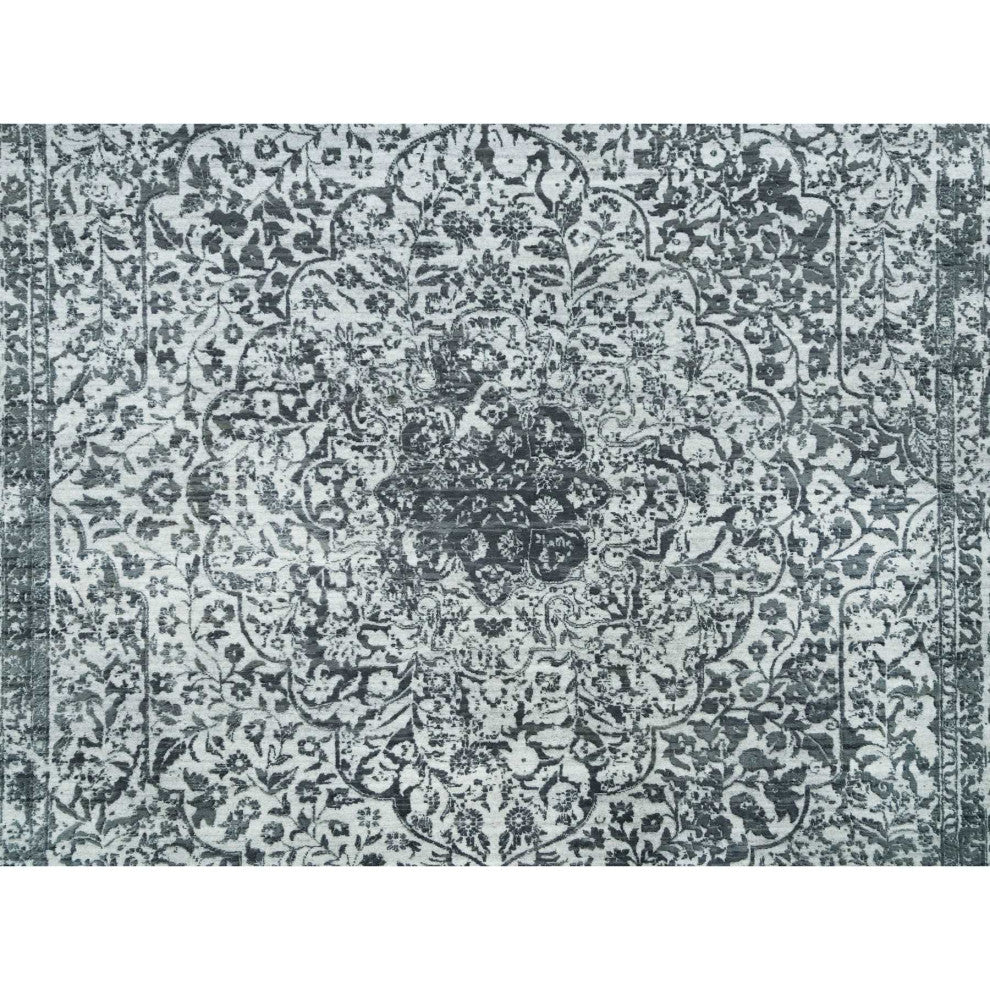 Ice Gray Wool and Silk Broken Design Hand Knotted Oriental Rug, 9'x12'2"